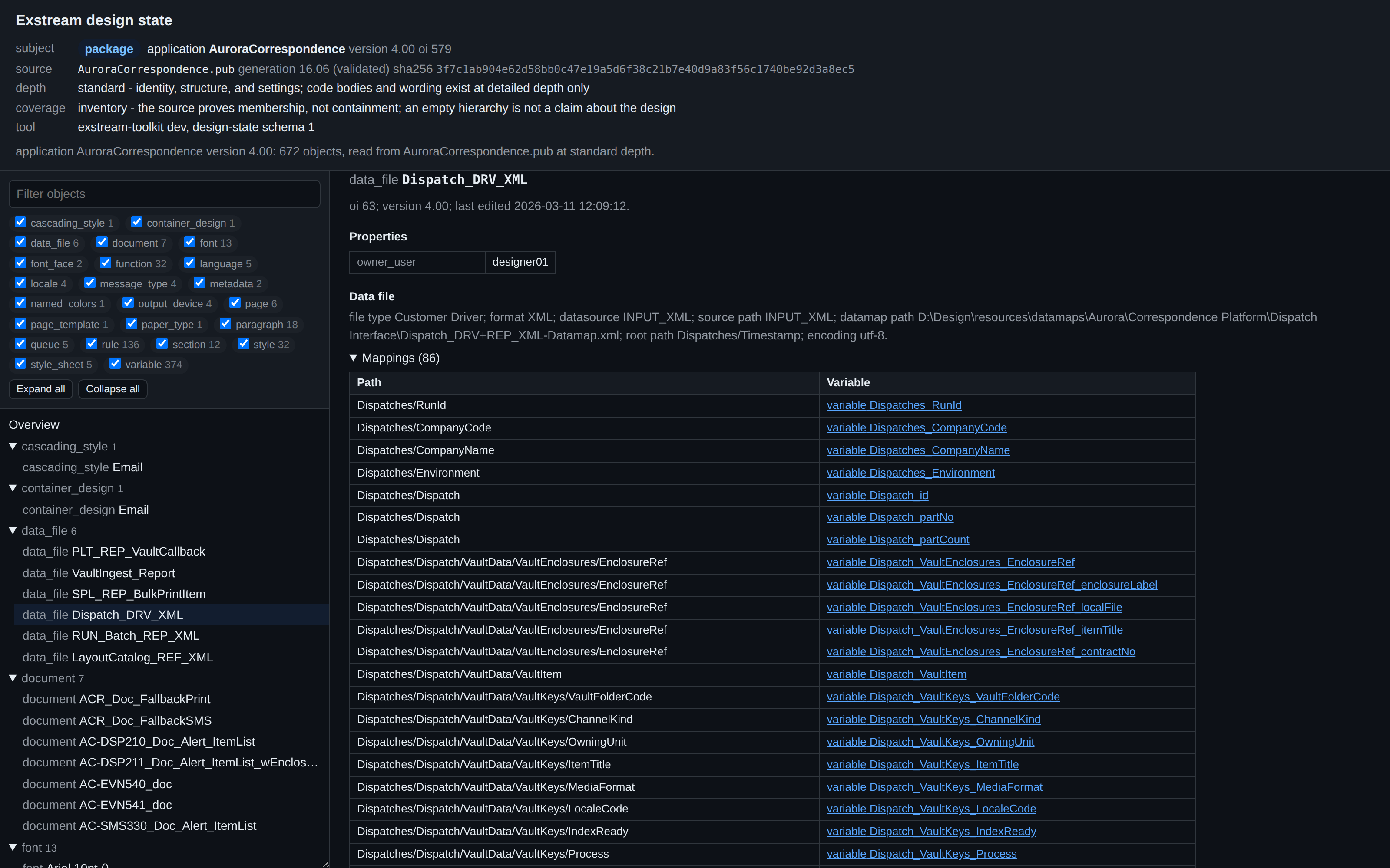 The overview page open in a browser: a searchable object tree on the left with a count for every object type, and on the right one data file with its 86 data mappings, each source path linked to the variable it fills.