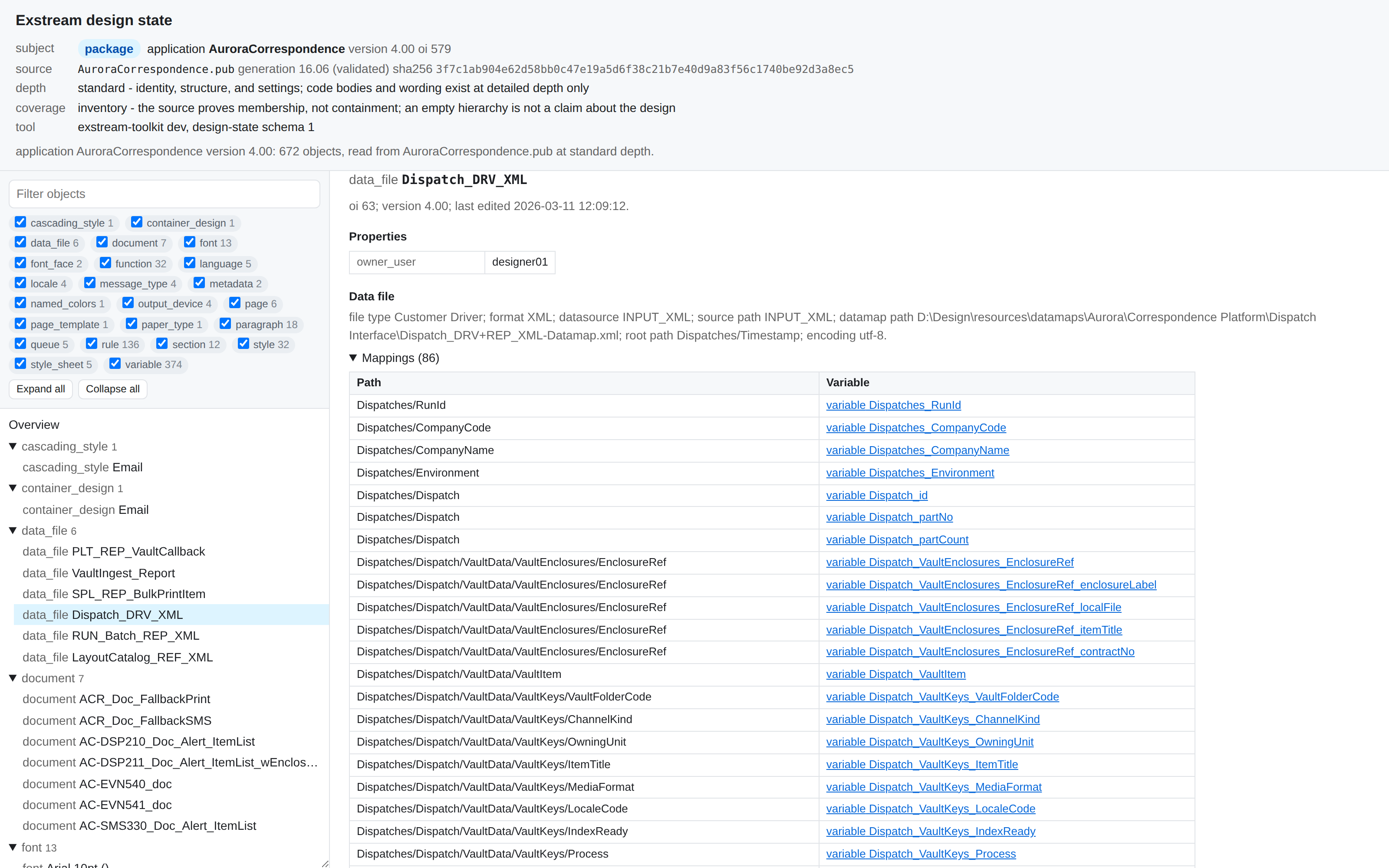 The overview page open in a browser: a searchable object tree on the left with a count for every object type, and on the right one data file with its 86 data mappings, each source path linked to the variable it fills.